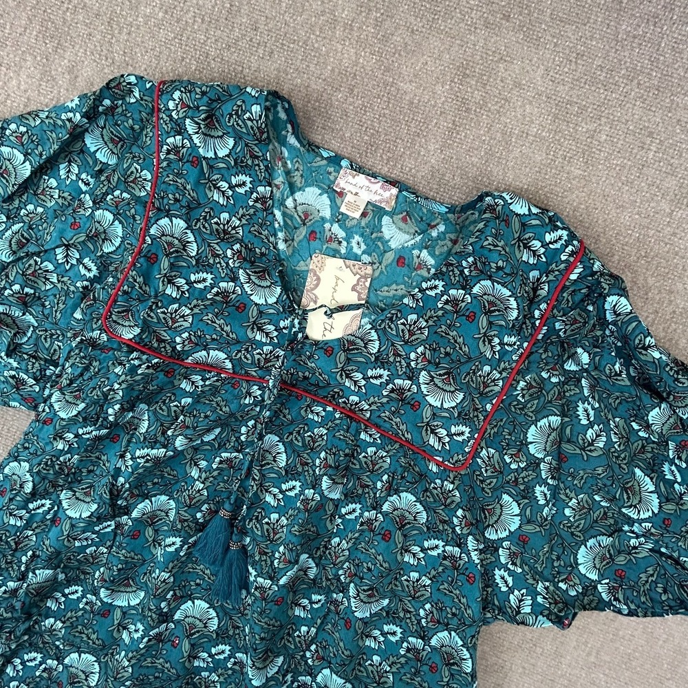 Band Of The Free Babydoll Mini Dress‎ Womens M Deep Teal Floral Tassel Pleated